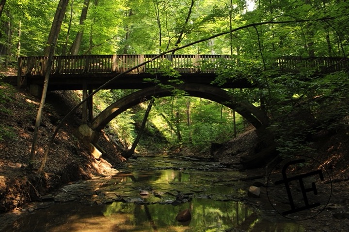 a rustic bridge spanning a creek.